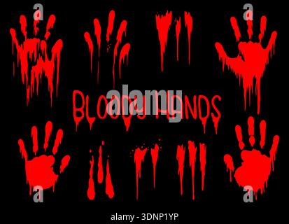 Bloody hands horror design in red on black background. Handprints and dripping letters vector illustration Stock Vector