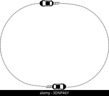 Two car icons (top view) connected by a semi-circular dotted line path. Stock Vector