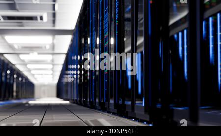 A futuristic data center showcasing an aisle of server racks with blue LED lighting. The sleek design and powerful servers highlight the cutting-edge Stock Photo