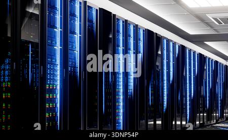 Rows of sleek server racks glow with blue LED lights in a high-tech data center. Efficient and advanced, this facility is optimized for intensive comp Stock Photo