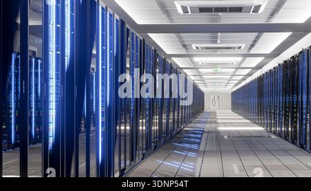 A modern data center with rows of illuminated server racks. The corridor reflects cutting-edge technology and efficiency in data processing and storag Stock Photo