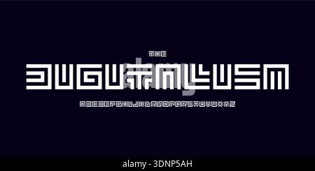 Maze digital font, geometric labyrinth letters, squared font for circuit robotic headline, chip tune style, abstract techno signage label monogram Stock Vector