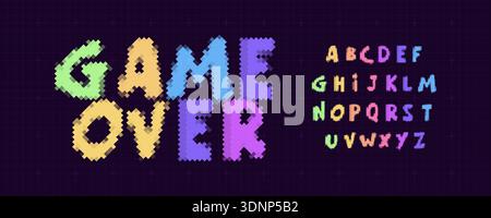 Game Over Font Logo Alphabet Y2K Pixel Letter Set Modern Typography, Arcade Typographic Design for Title Text, Gaming Typo Headline, Old Computer Type Stock Vector