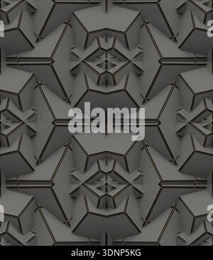 Intricate 3D illustration showcasing a complex geometric pattern with symmetrical shapes. The design features layered cubes and sharp edges, creating Stock Photo