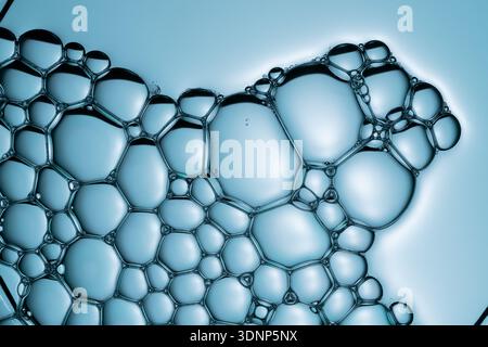 Macro photograph showcasing a stunning arrangement of soap foam bubbles, highlighting their intricate and delicate structures against a soft blue back Stock Photo