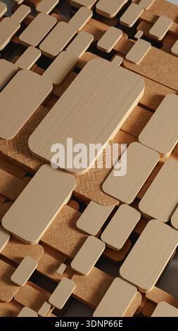 Geometric wooden shapes are arranged in an abstract pattern on a textured background. Stock Photo