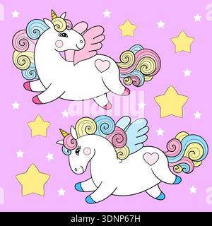 Two white unicorns with rainbow manes amidst the stars. Suitable for children's designs, prints, posters, cards, stickers, etc. Vector illustration Stock Vector