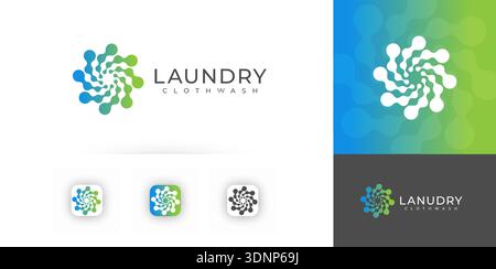 Laundry service logo, swirling droplets motion, clean fresh blue emblem design. Abstract washer vortex for branding, app icon, signage, packaging Stock Vector