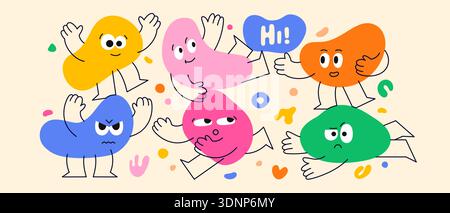 Adorable geometric figure faces. Color shapes with funny and cute emotions. Stock Vector