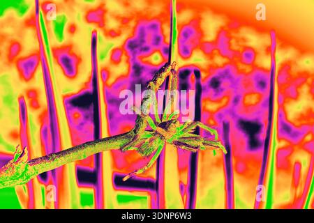 Infrared Gradient Map Tarantula on Branch with Vibrant Abstract Desert Background Stock Photo
