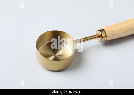 Golden scoop on light background, closeup. Kitchen utensil Stock Photo