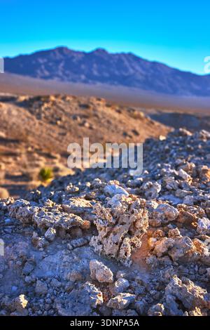 Golden Hour Fossil Bed Rocks and Distant Mountains in Desert Landscape Stock Photo