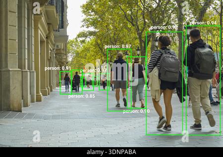 Computer vision detecting people with bounding boxes on a street Stock Photo