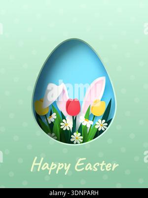 Easter card, website banner, poster, flyer, or cover. Trendy modern paper cut design featuring an Easter egg, spring flowers, and a bunny. Vector Stock Vector