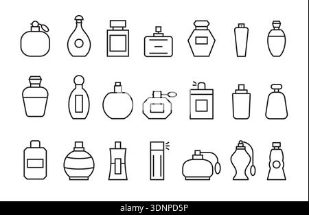 Fragrance perfume bottle line icon set, Outline scent parfum bottle container cosmetic beauty jar icon Stock Vector