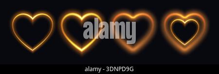 Neon heart love light shape icon set. Valentine glow heart background 3d effect frame. Stock Vector