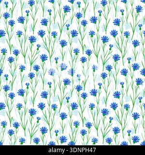 Seamless blue cornflower pattern with slender green stems on white background, minimal meadow hand drawn botanical illustration for textile wallpaper Stock Vector