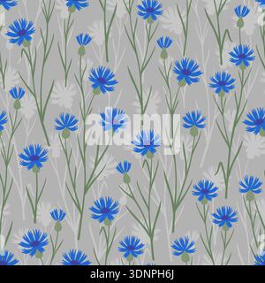 Seamless blue cornflower pattern with slender green stems on light grey background, minimal meadow hand drawn botanical illustration for textile Stock Vector