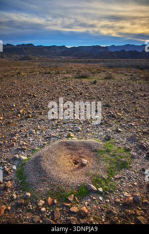 Ant Hill in Arizona Desert Rocky Terrain with Distant Mountains and Dramatic Sky Stock Photo