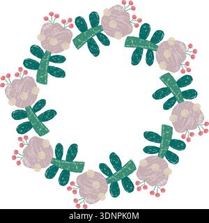 Purple Floral Wreath. Floral Round Frame. Botanical Flower Crayon Textured Hand-drawn. Vector illustration with Empty Copy Space Stock Vector