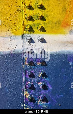 Graffiti Bolts and Weathered Texture on Painted Metal at Abandoned Water Park Stock Photo