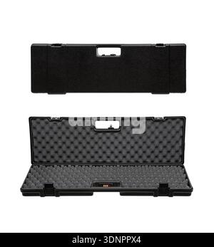 A black hard-shell rifle case shown both closed and open with egg-crate foam padding inside. Stock Photo
