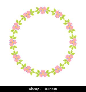 Round pink flowers and leaves wreath with decorative elements, festive spring holidays seasonal frame hand drawn illustration for Easter decor, cards, posters, invitations, celebration design Stock Vector