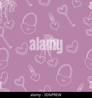 Hearts, bows, locks and keys, minimalist ink black line art. Seamless hand drawn vector Valentine pattern with romantic design Stock Vector