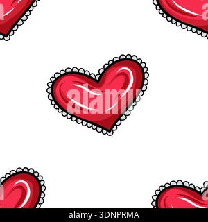 Seamless heart pattern made of red glossy hearts with decorative outline, vector illustration in cute cartoon style Stock Vector