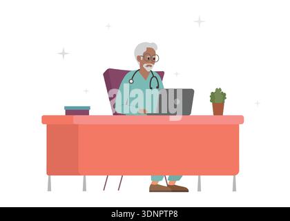 Elderly male doctor in glasses with grey hair and beard is working on laptop at table. Flat vector illustration. Stock Vector