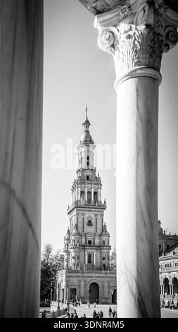 Ornate details, and impressive tower, on Plaza de Espana, in Seville. Stock Photo