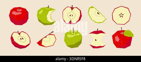 Set of geometric red and green apples with slices isolated on yellow Stock Vector