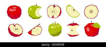 Set of geometric red and green apples with slices isolated on white. Stock Vector