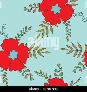 Seamless floral pattern based on traditional folk art ornaments. Colorful flowers on color background. Scandinavian style. Sweden nordic style. Vector Stock Vector
