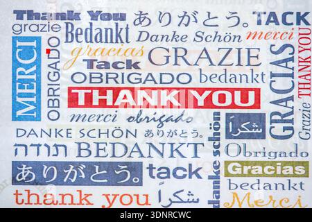 Miami Beach Florida,thank you languages poster,thank you text collage,multilingual words,gratitude expressions,printed typography,graphic design layou Stock Photo