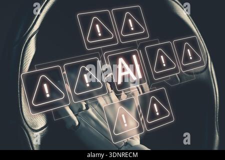 Robot holding hand on steering wheel. Virtual screen with AI icon and warning notifications. Artificial intelligence safety Stock Photo