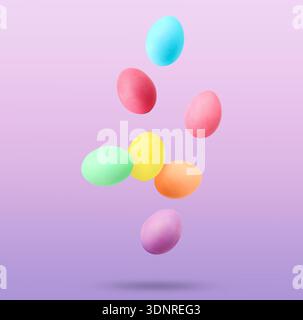 Easter eggs brightly dyed for holiday falling against purple gradient background Stock Photo