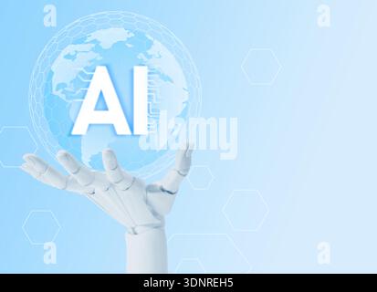 Robotic hand holding virtual globe with AI abbreviation against light blue gradient background. Artificial intelligence technology Stock Photo