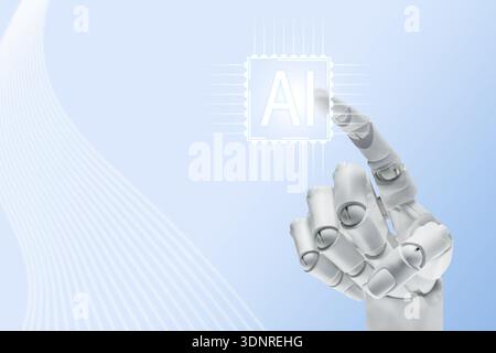 Robotic hand touching virtual AI microchip against light blue gradient background. Artificial intelligence technology Stock Photo