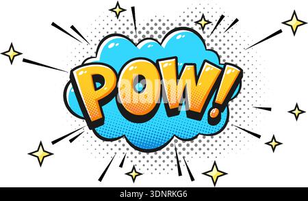 Pow Comic Text Pop Art Explosion with Speech Bubble, Halftone Dots, Dynamic Rays, Sparkes. Retro Cartoon Sound Effect for Action Design. Powerful Manga Expression Accent. Vector Illustration Stock Vector