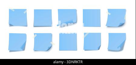 Realistic Blue Sticky Notes Set with Curled Edges and Soft Shadows. Blank Paper Memos with Adhesive Tape for Ideas, Tasks, Messages. Professional Planning Note Stickers Pack. Vector Illustration Stock Vector