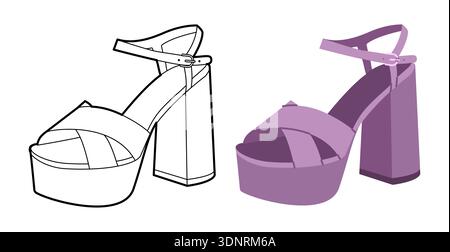 Purple platform block heel sandal shoe women flat plus line set. Wide strap dress shoe for celebration clubbing. Technical fashion illustration, CAD mockup, mixed vector men unisex isolated chic style Stock Vector