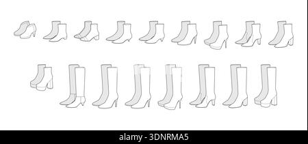 High heel boots women line pair. ankle sock, platform block, stiletto, knee, stiletto, pointed toe, block, tall. Technical fashion illustration CAD mockup vector men unisex isolated classic style. Stock Vector