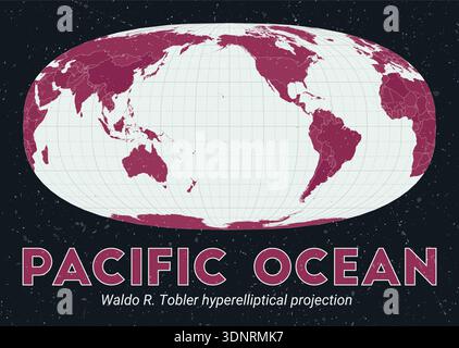 Pacific Ocean world map using Waldo R. Tobler's hyperelliptical projection, centered to the Pacific Ocean. Stock Vector