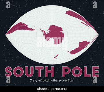 South Pole world map using the Craig retroazimuthal projection. Features a pale mint and dark pink palette with a vintage texture vector illustration. Stock Vector