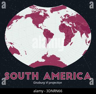 World map centered on South America using the Ginzburg VI projection. Pale mint and dark pink palette with a vintage texture. Stock Vector