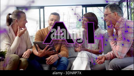 Discussing coworkers in business attire on lounge sofa, holding tablet, showing AI overlay, glasses Stock Photo