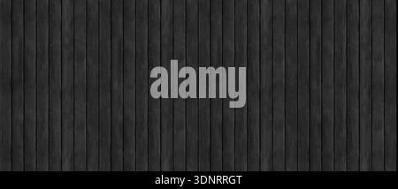 Black wood seamless lath panel pattern. Repeating dark wooden plank wallpaper panoramic background. Stock Photo