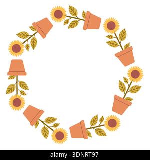 Sunflower circular frame made of potted flowers. Flat hand drawn vector illustration isolated on white background, perfect for summer gardening Stock Vector
