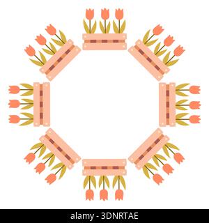 Tulip circular frame made of wooden flower boxes. Flat vector illustration isolated on white background, perfect for spring gardening designs, floral Stock Vector